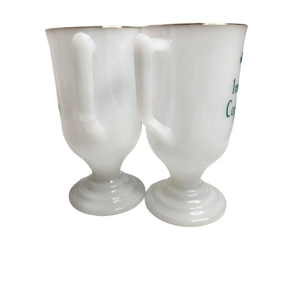 Vintage Irish Coffee Milk Glass Mugs Footed Pedestal Shamrocks Gold Rim Lot of 2 - Picture 4 of 6